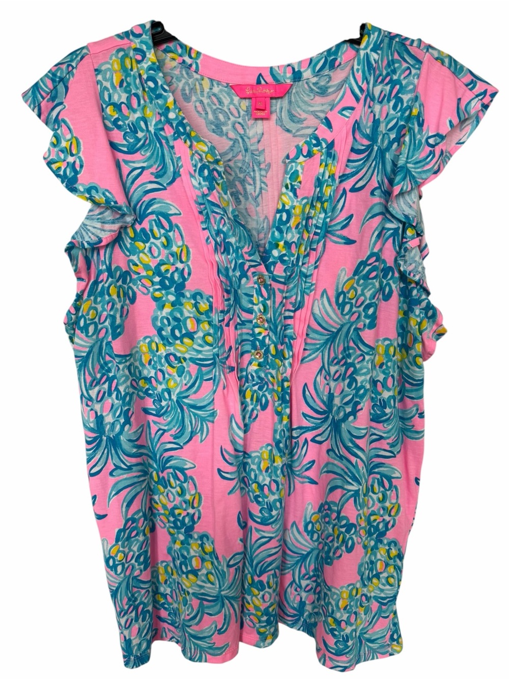 ✅ Lilly Pulitzer Pink Pineapple-Print Flutter Sleeve 100% cotton Blouse Shirt XL